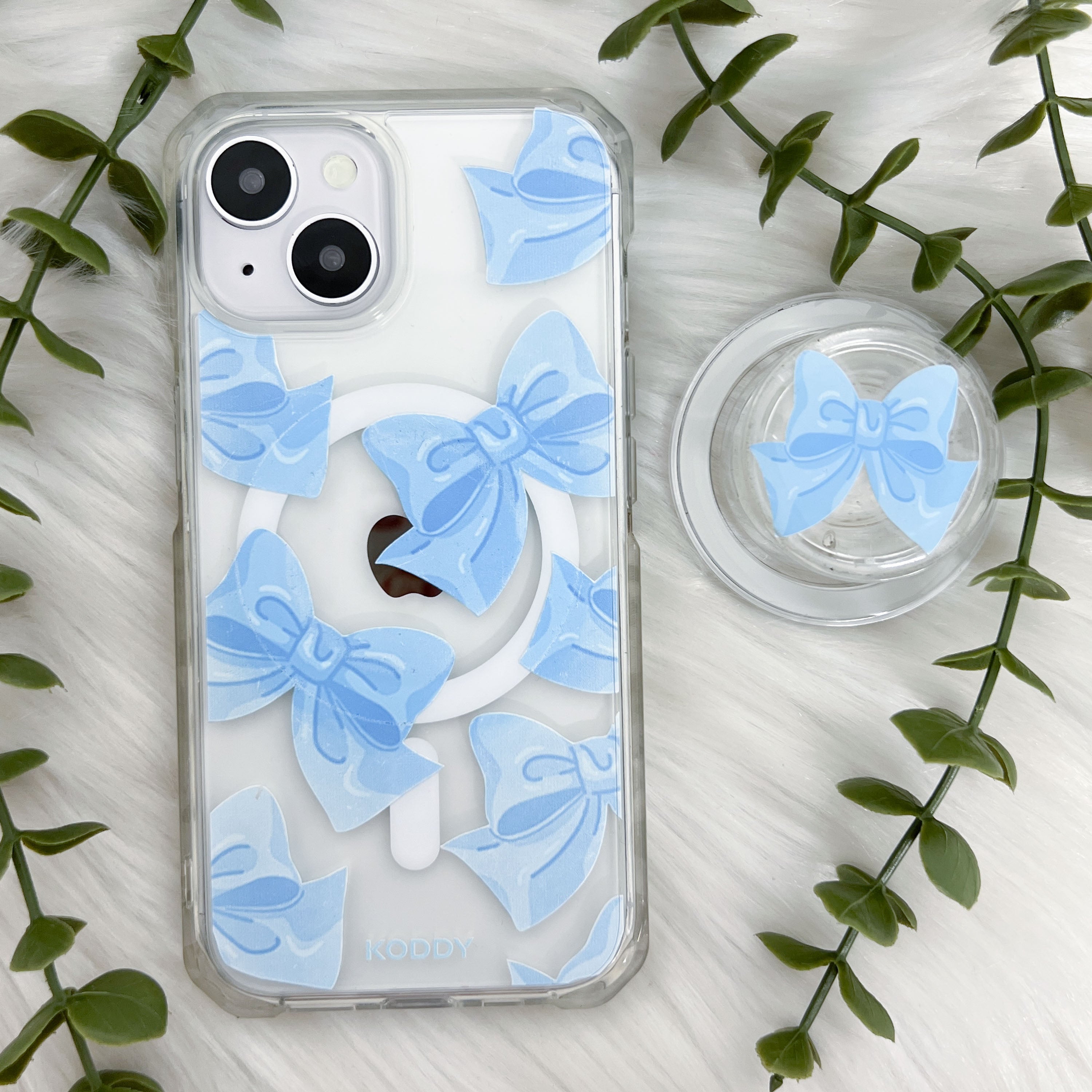 Blue Fluffy Ribbon Magsafe Phone Case and Phone Grip