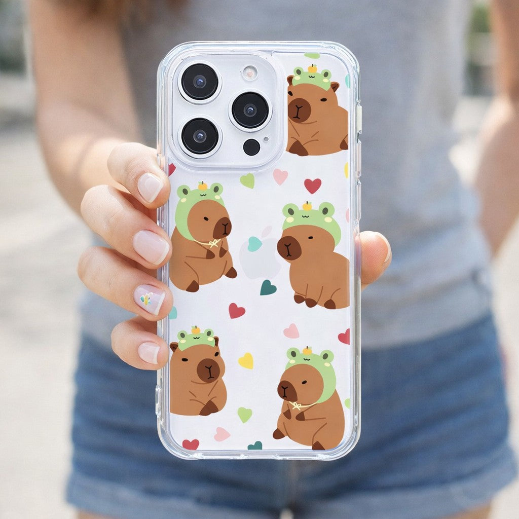 Cute Frog Hat Capybara with Heart Pattern Phone Case