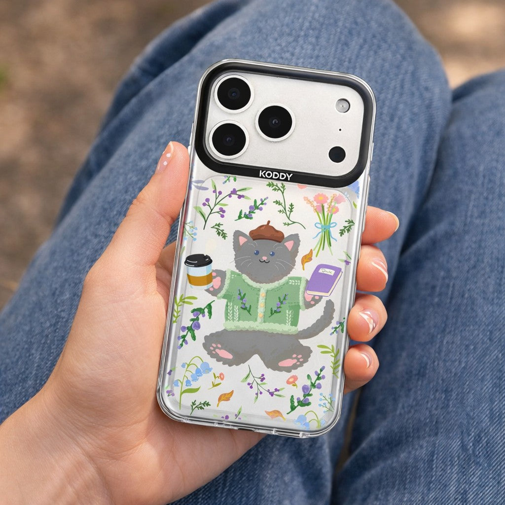 Cute Grey Cat with Lavender and Coffee iPhone Case