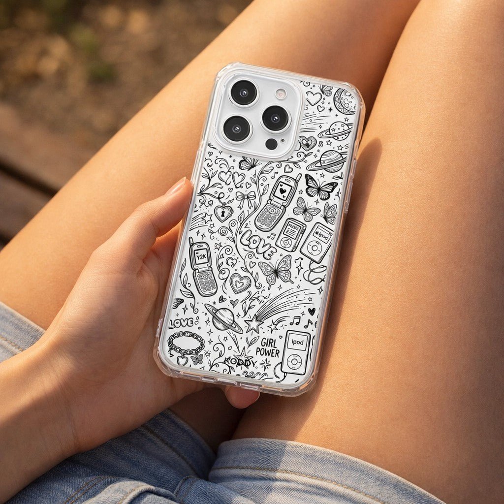 Black Y2K Doodle Pattern Clear Phone Case-KODDY aesthetic iphone case UK