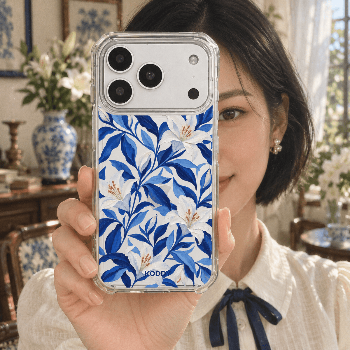 Blue Oil Painted Lily Floral Aesthetic Phone Case-KODDY aesthetic iphone case UK