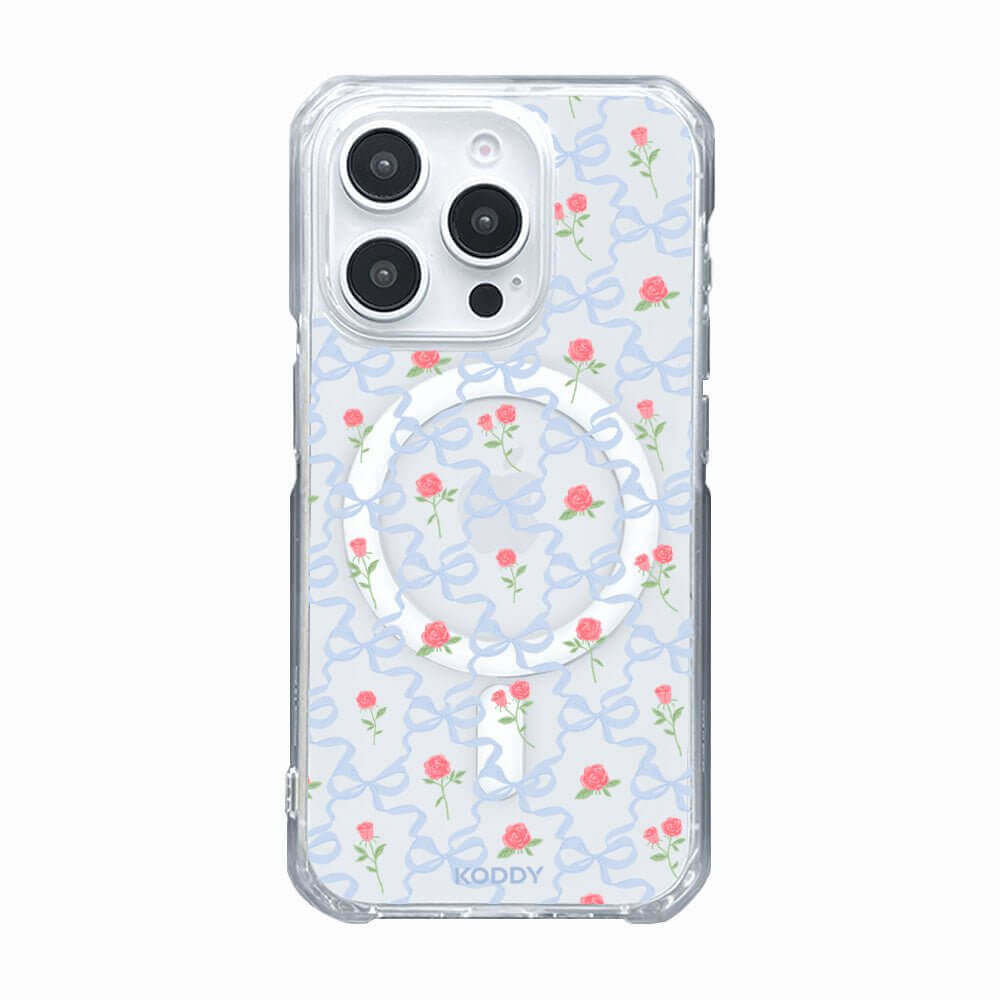 Blue Ribbon and Rose Phone Case with Floral Design for Elegant Phone Protection