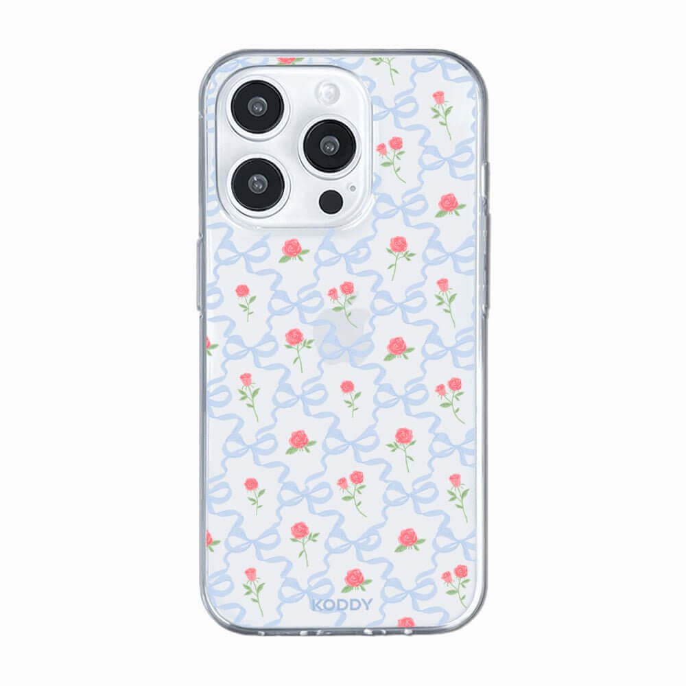 Blue Ribbon and Rose Phone Case with Delicate Floral Design for Elegant Beauty