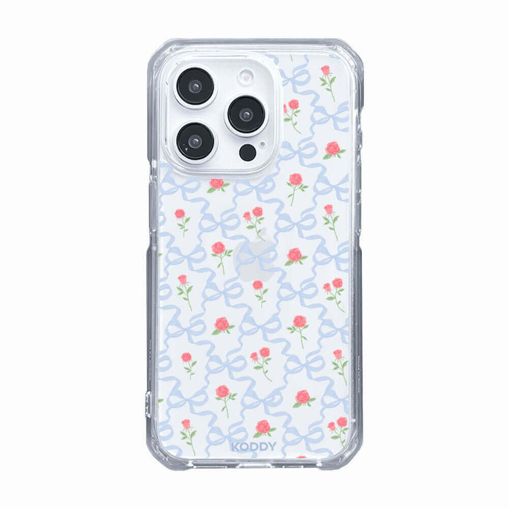 Clear phone case with delicate blue ribbon and rose design, adding elegant floral beauty and sophistication.