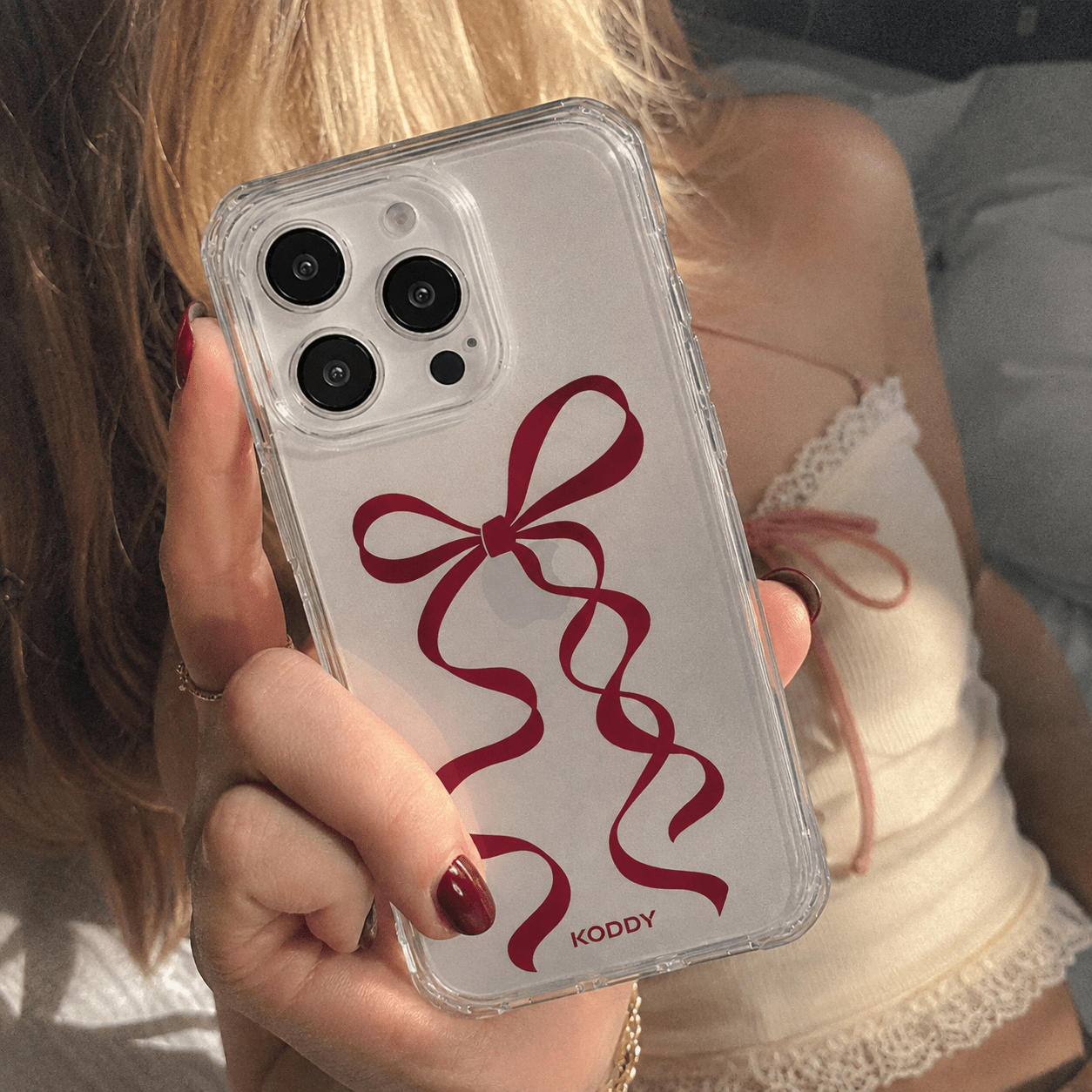 Cherry Red Long Ribbon Bow Clear Phone Case-KODDY aesthetic iphone case UK