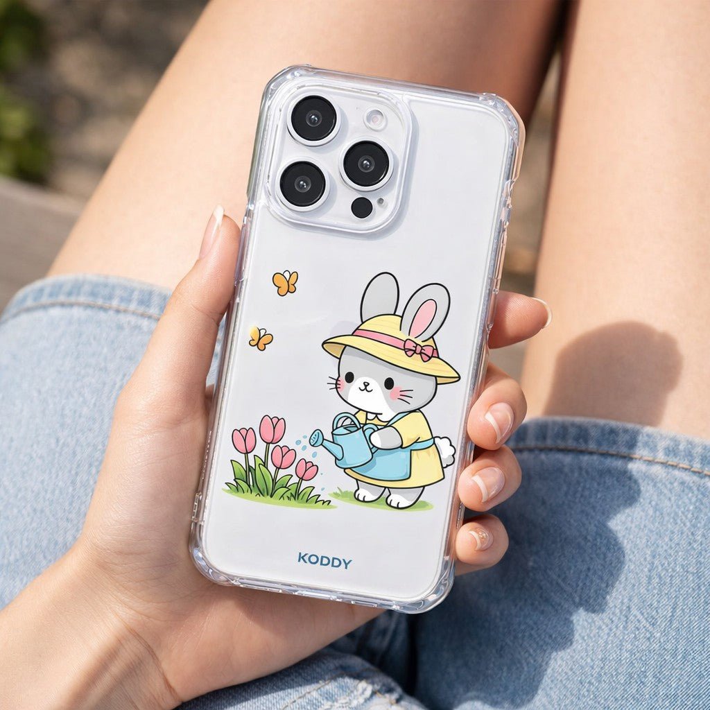 Cute Bunny Watering Flowers Clear Phone Case - KODDY aesthetic iphone case UK