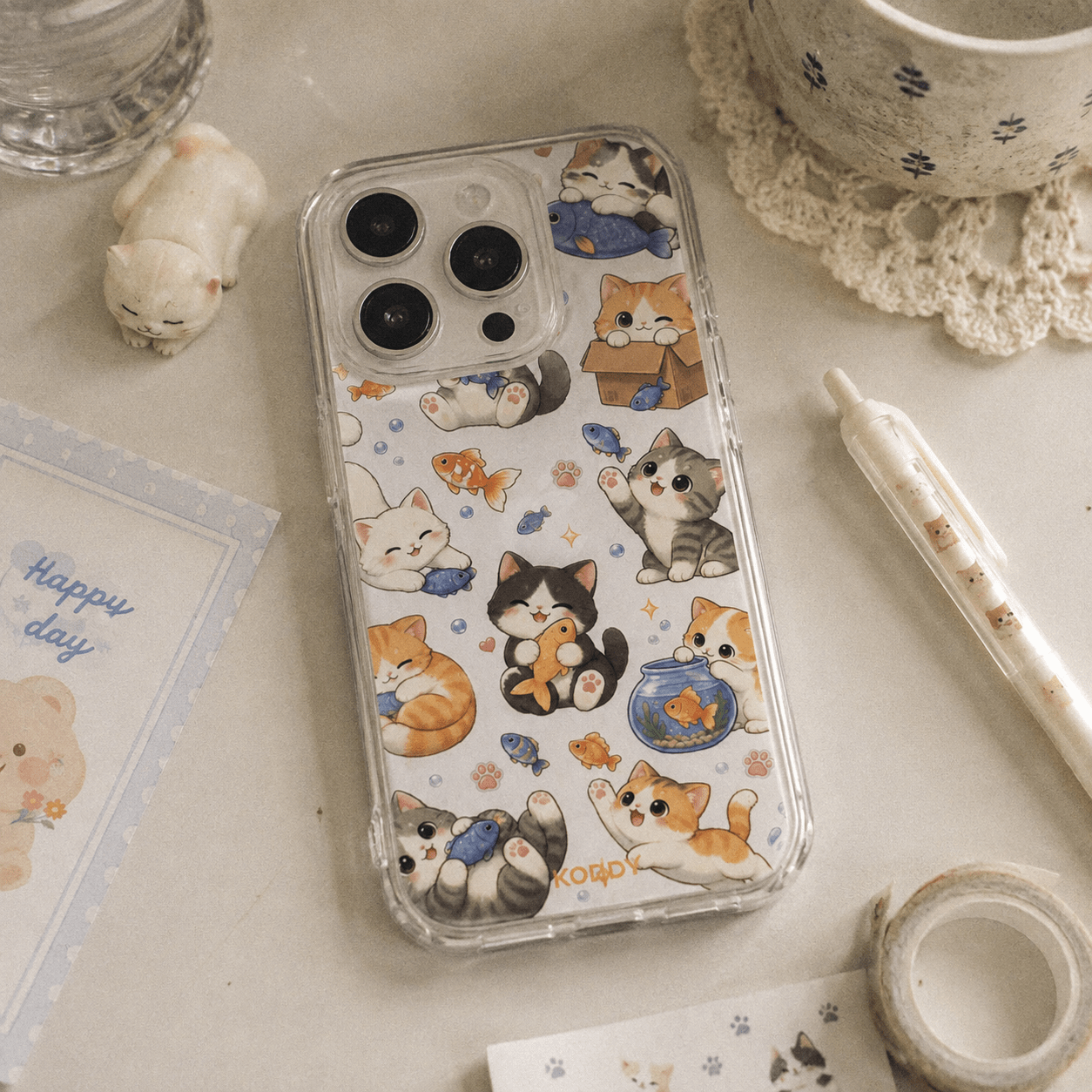 Cute Cats and Fish Clear Phone Case-KODDY aesthetic iphone case UK