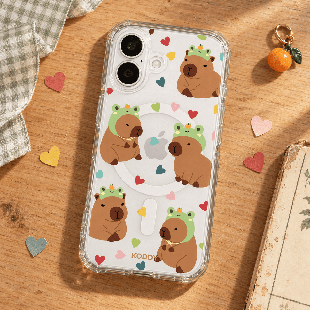 Cute Frog Hat Capybara with Heart Pattern Phone Case-KODDY aesthetic iphone case UK