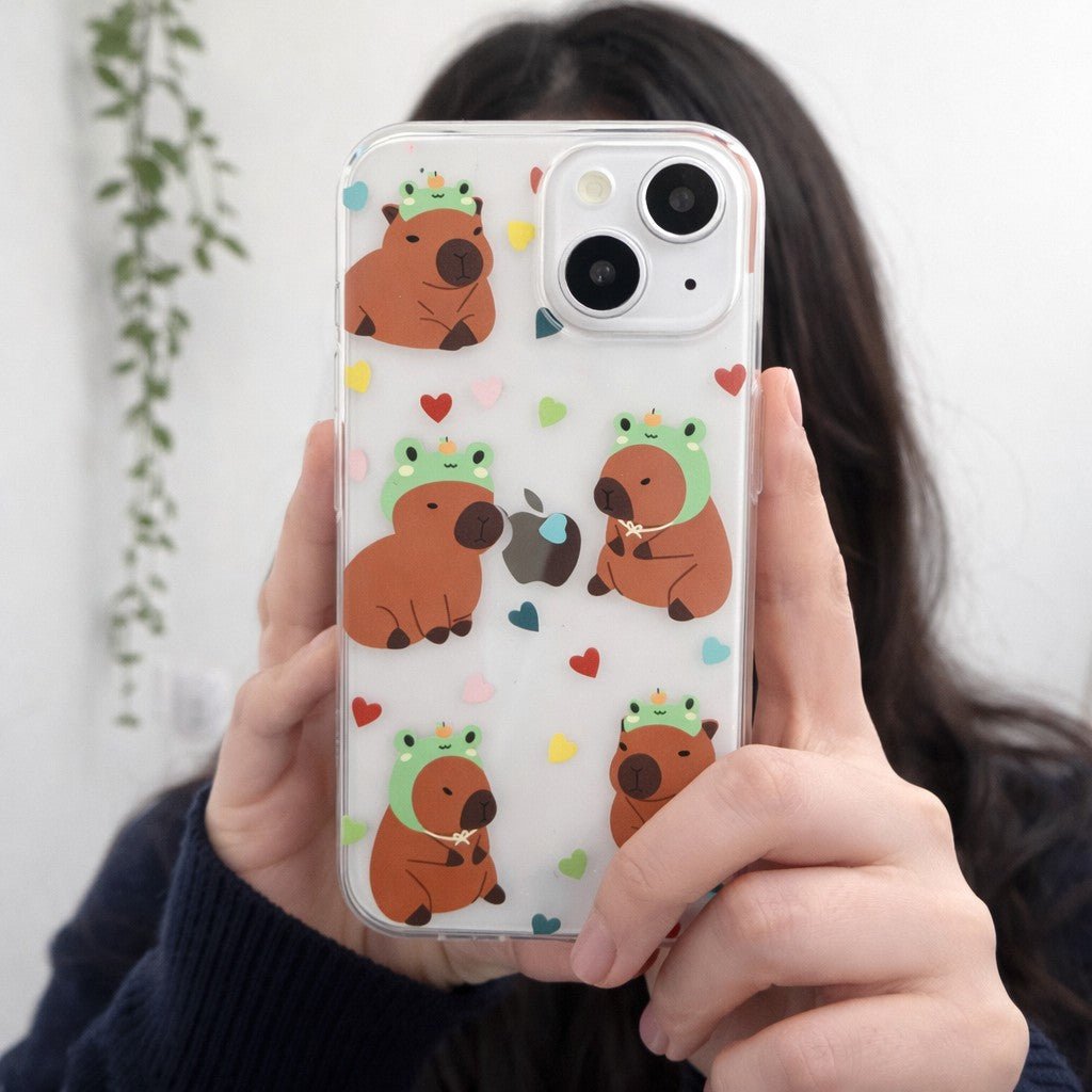 Cute Frog Hat Capybara with Heart Pattern Phone Case - KODDY
