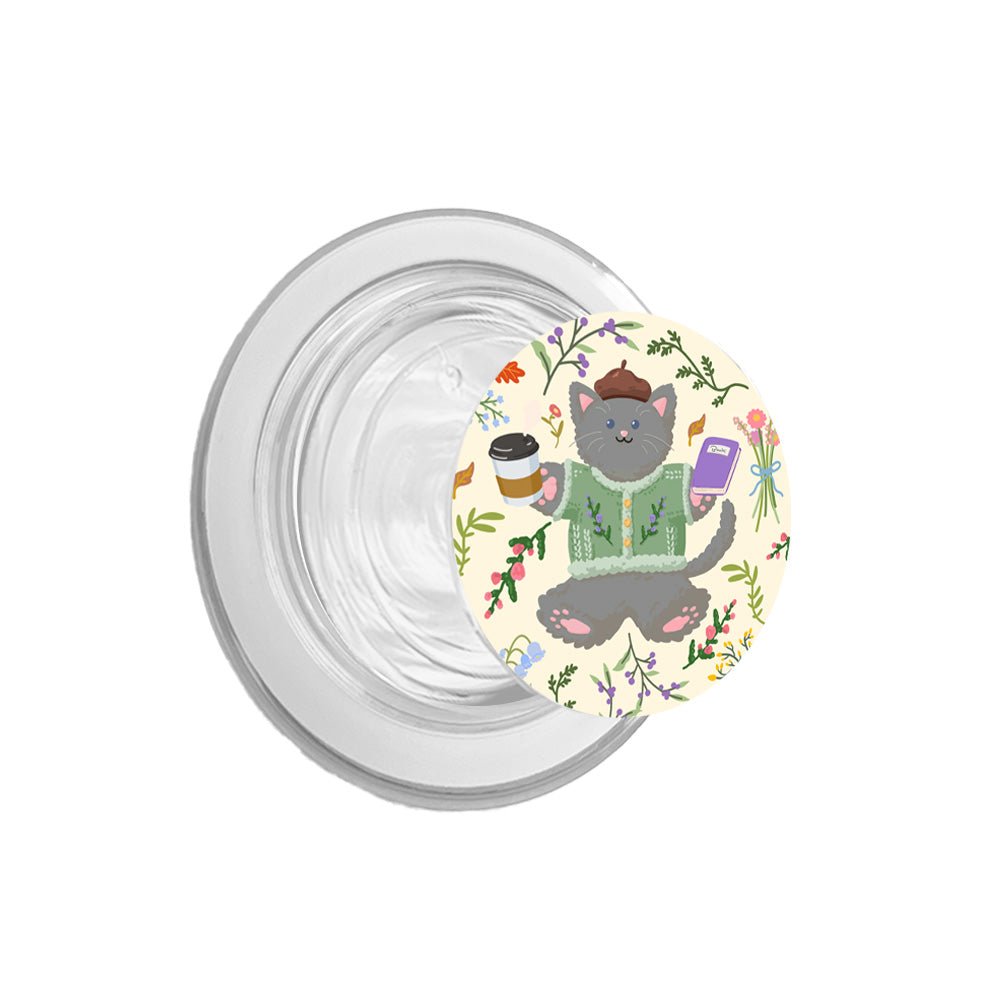 Cute Grey Cat Lavender Coffee Phone Grip - KODDY