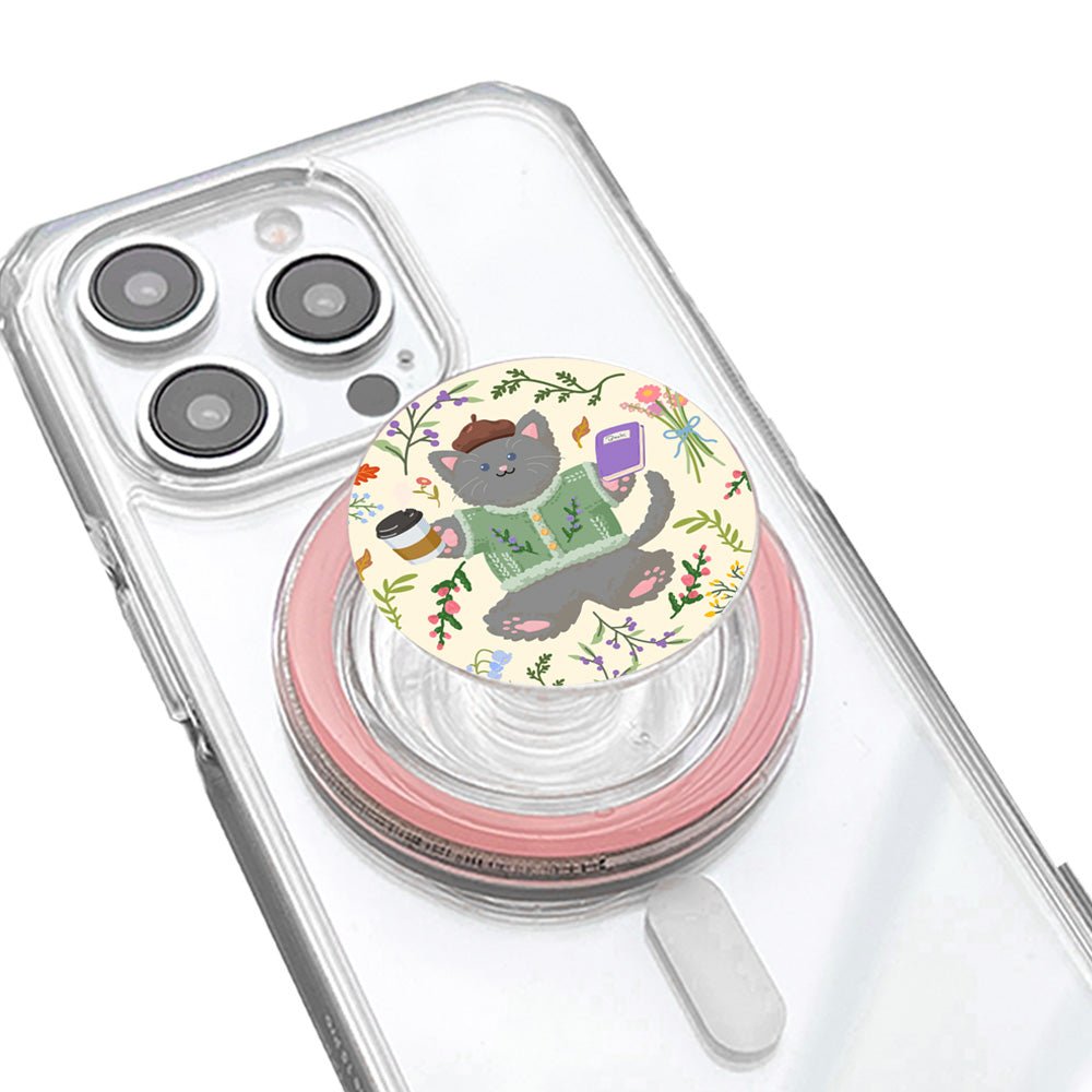 Cute Grey Cat Lavender Coffee Phone Grip - KODDY