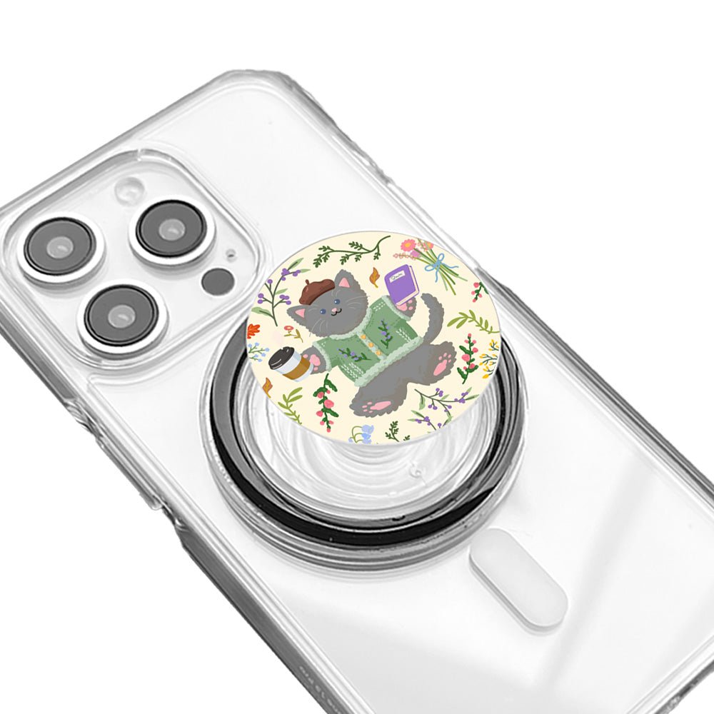 Cute Grey Cat Lavender Coffee Phone Grip - KODDY