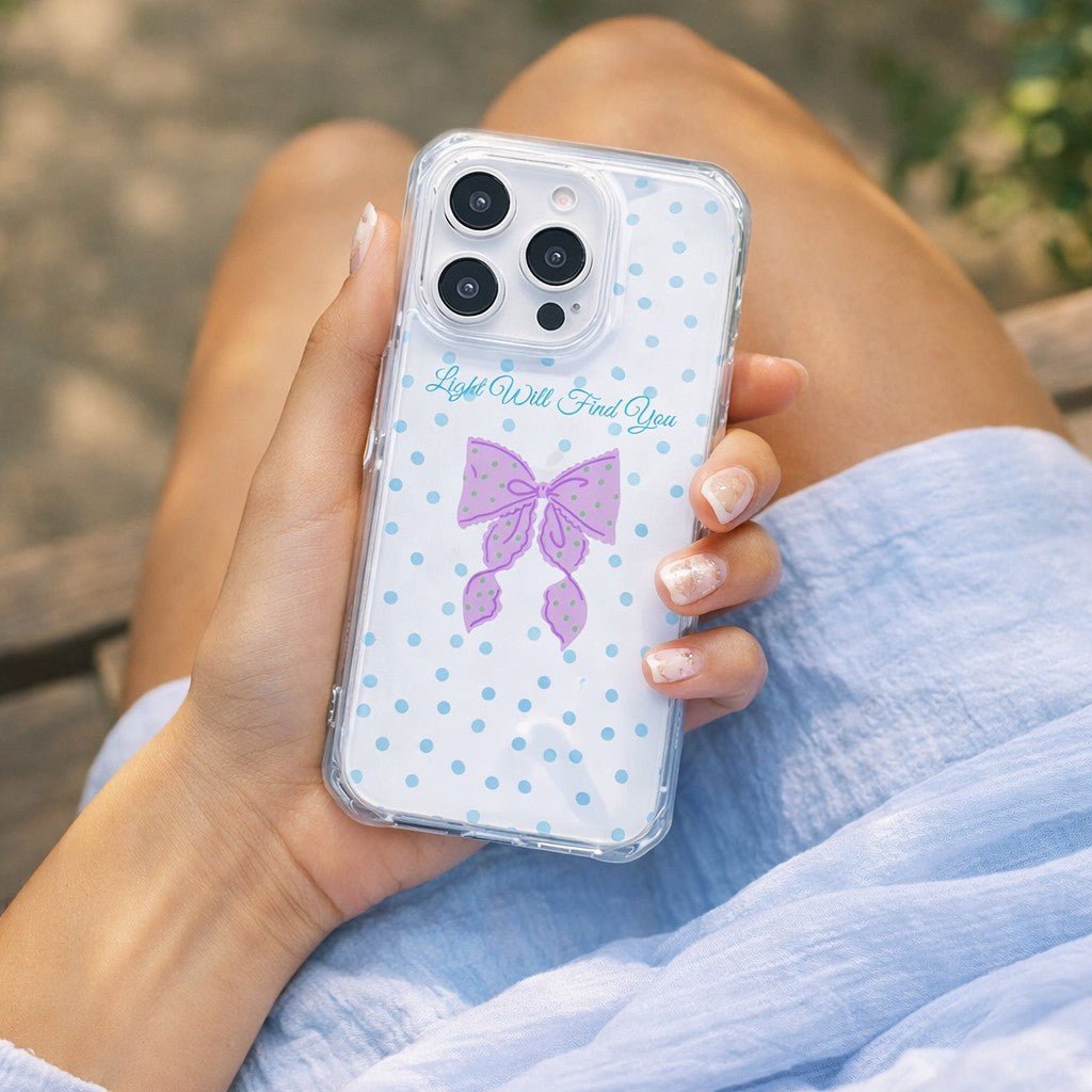Light Will Find You iPhone Case, Pastel Ribbon Bow and Polka Dot Clear Phone Case - KODDY aesthetic iphone case UK