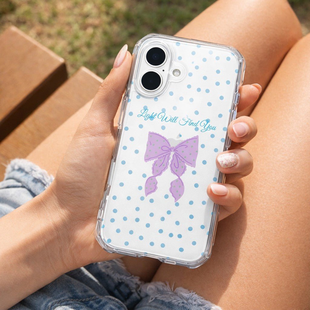 Light Will Find You iPhone Case, Pastel Ribbon Bow and Polka Dot Clear Phone Case - KODDY aesthetic iphone case UK