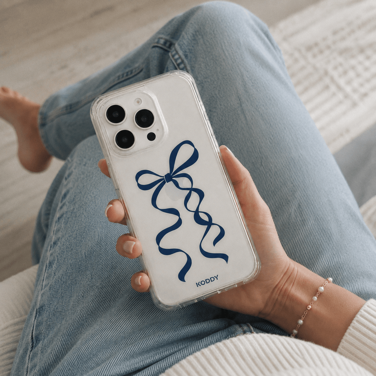 Navy Blue Long Ribbon Bow Clear Phone Case-KODDY aesthetic iphone case UK