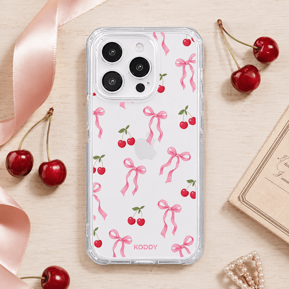 Pink Cherry Bow Clear Phone Case-KODDY aesthetic iphone case UK