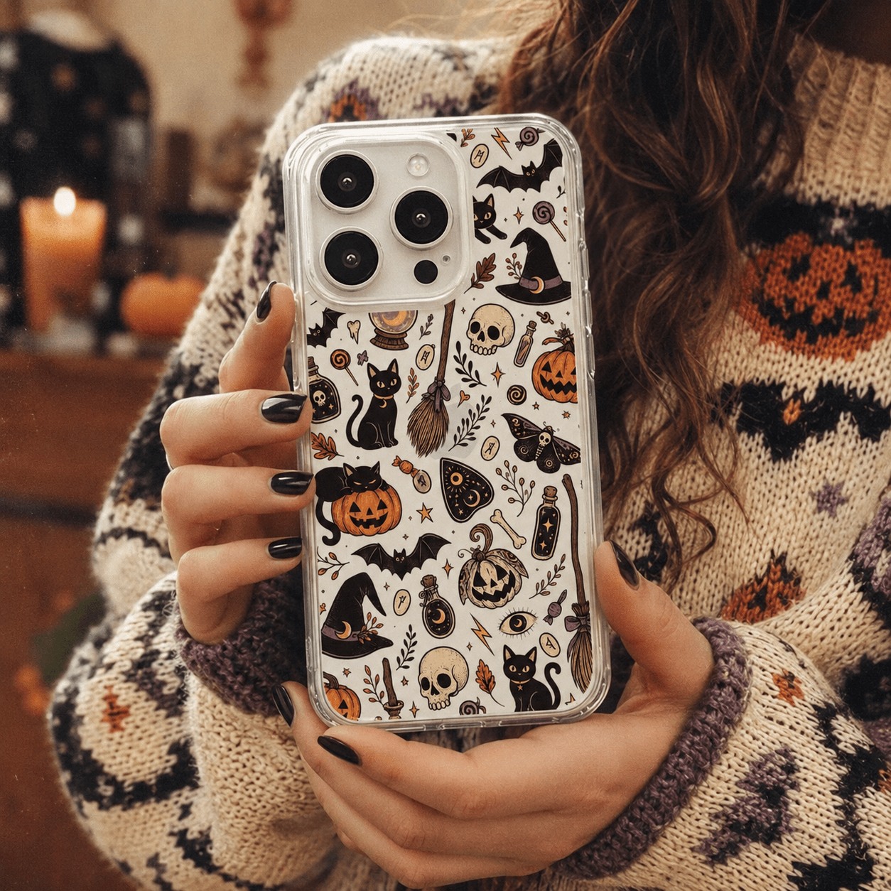 Witchy Black Cat Halloween Clear Phone Case-KODDY aesthetic iphone case UK