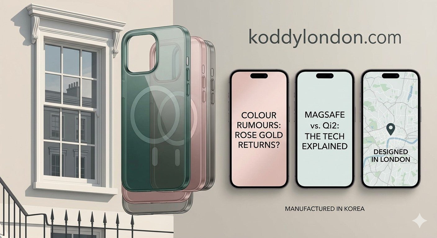 KODDY iPhone 17 case concept, Rose Gold and Emerald desaturated hues, MagSafe Qi2 technical comparison, designed in London manufactured in Korea