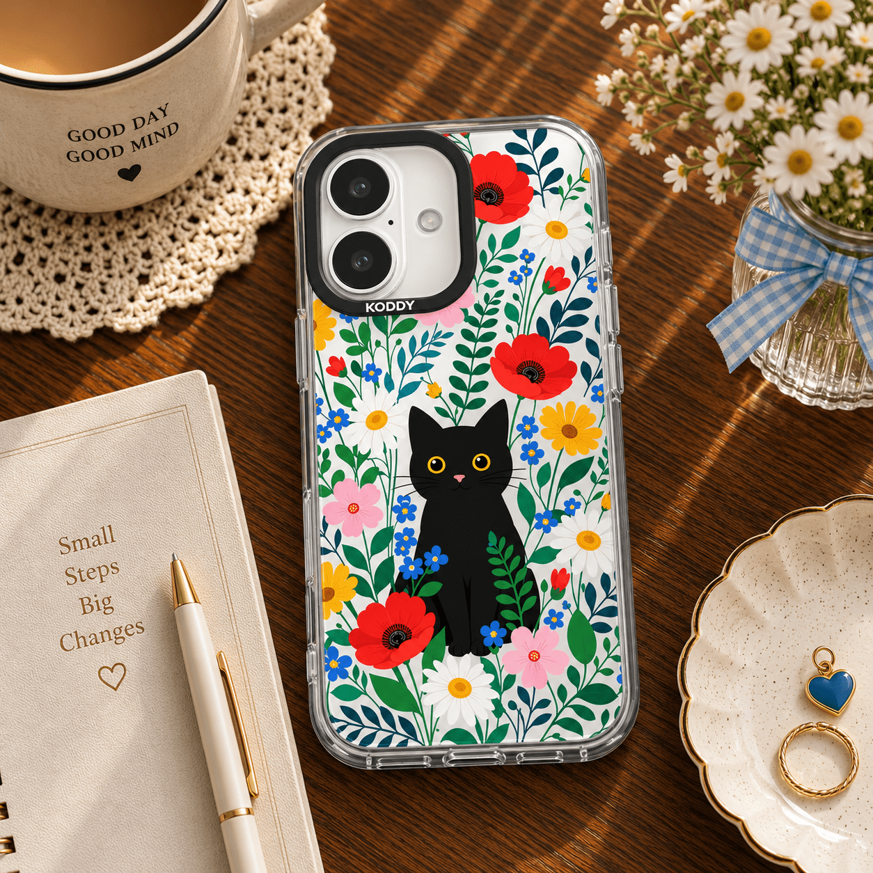 Black Cat & Wildflower iPhone Case-KODDY aesthetic iphone case UK