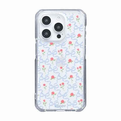 Clear phone case with delicate blue ribbon and rose design, adding elegant floral beauty and sophistication.