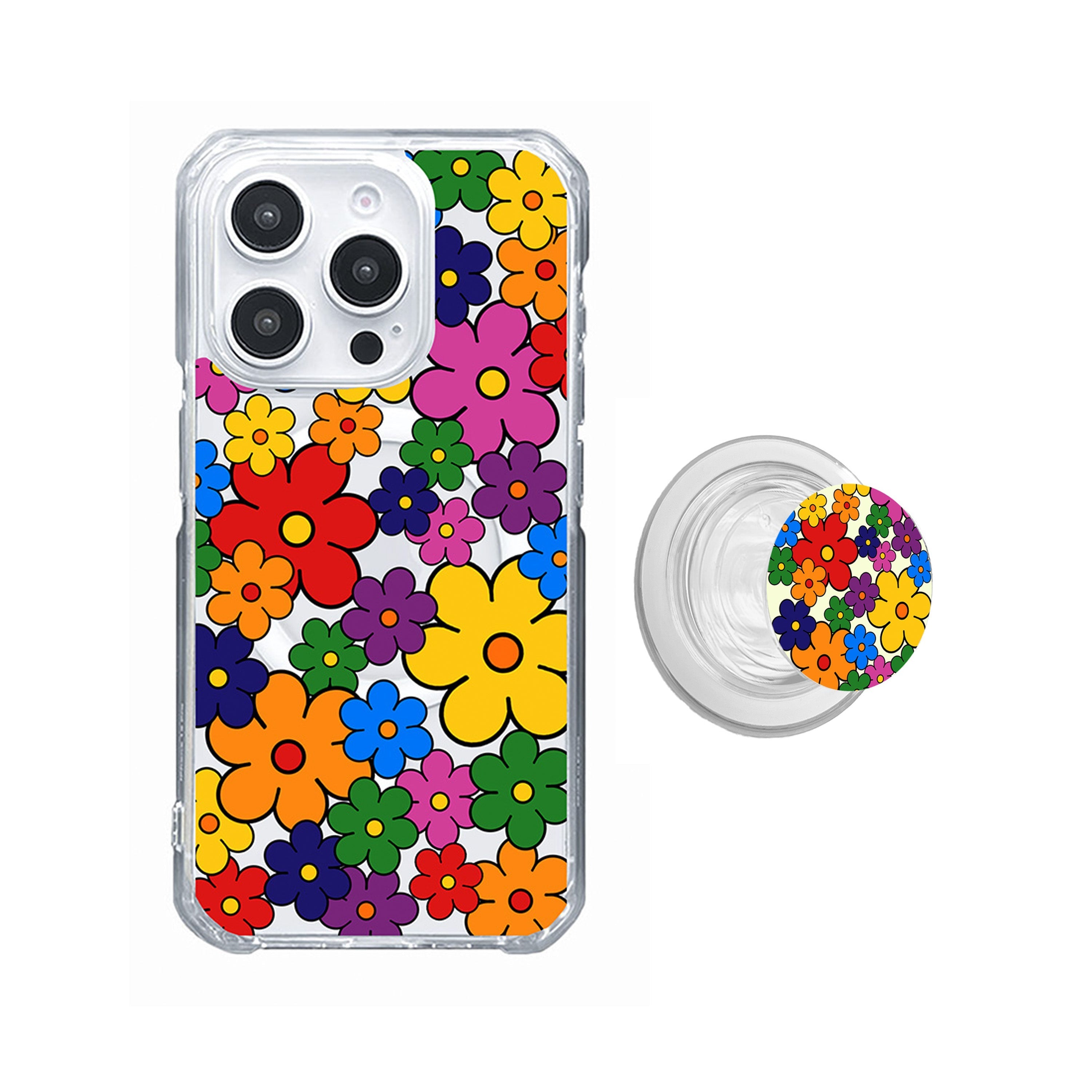 Colorful Retro Pop Flower Pattern Phone Case and Phone Grip Bundle