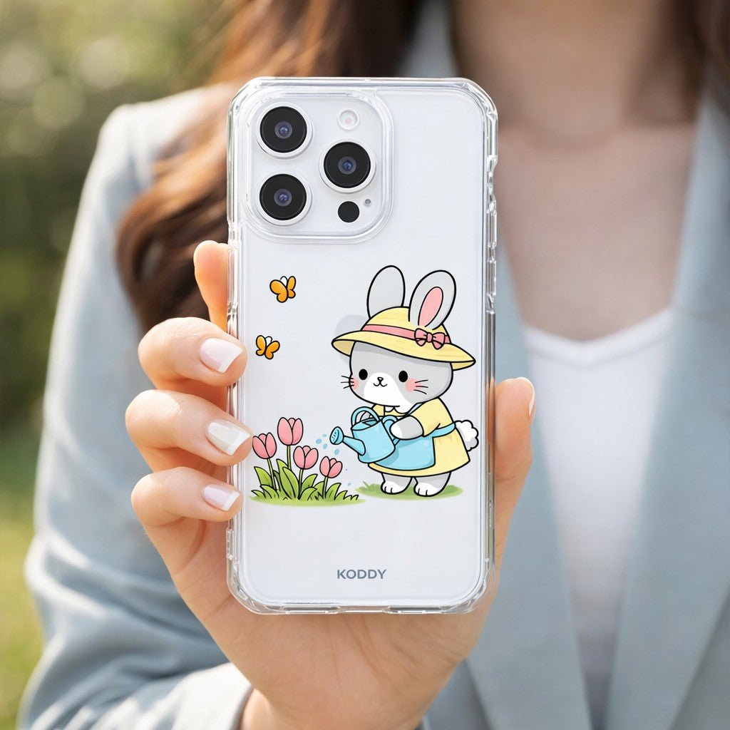 Cute Bunny Watering Flowers Clear Phone Case-KODDY aesthetic iphone case UK