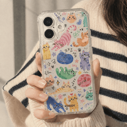 Cute Colourful Cat Doodle Clear Phone Case-KODDY aesthetic iphone case UK
