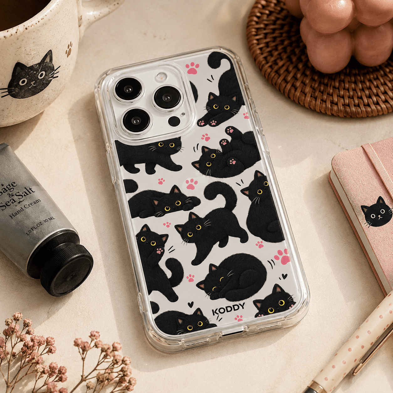 Cute Fluffy Black Cat Clear Phone Case-KODDY aesthetic iphone case UK