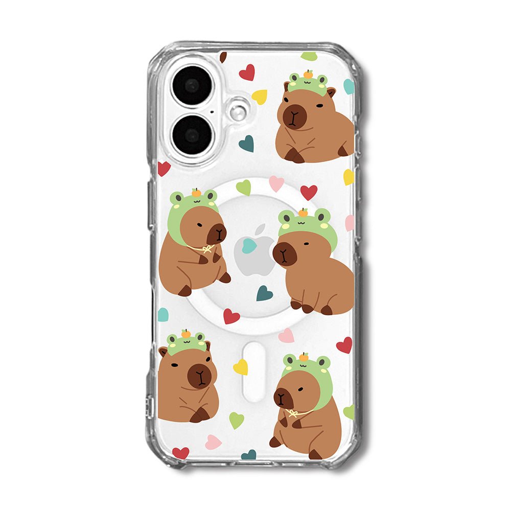 Cute Frog Hat Capybara with Heart Pattern Phone Case