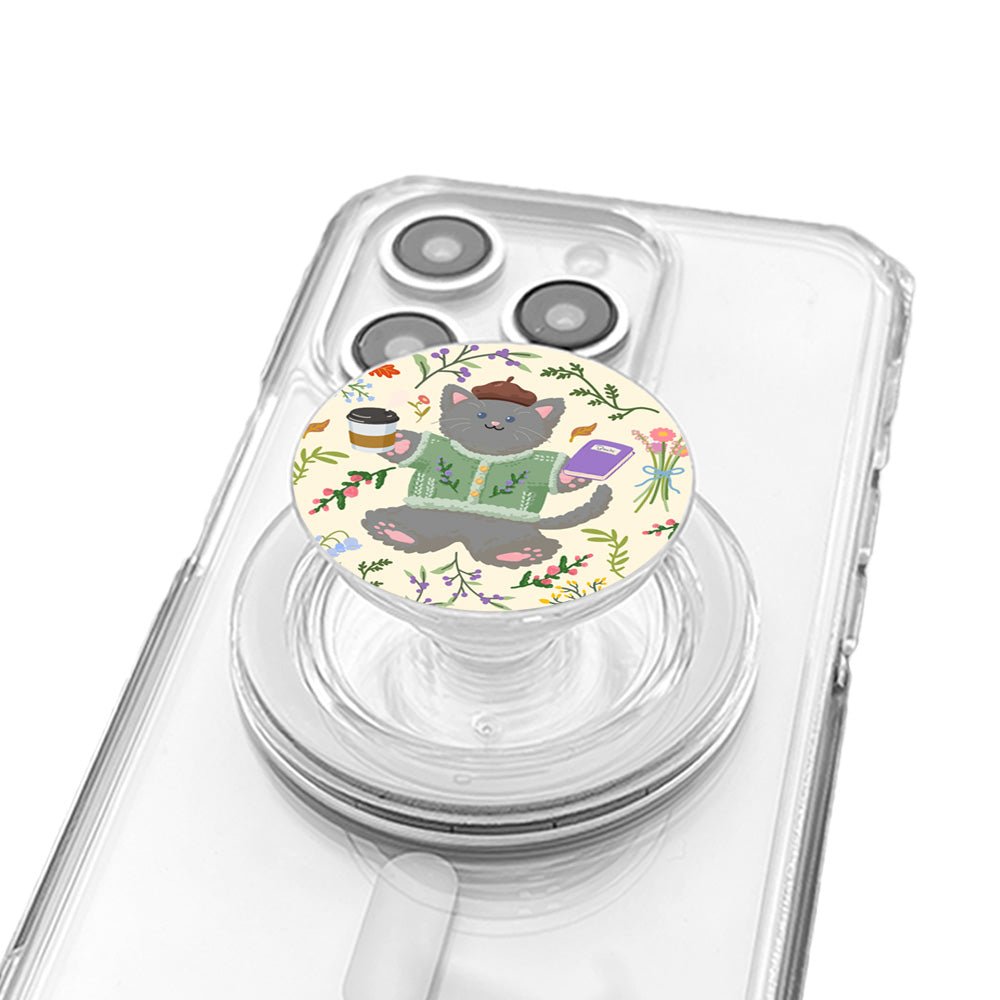 Cute Grey Cat Lavender Coffee Phone Grip - KODDY