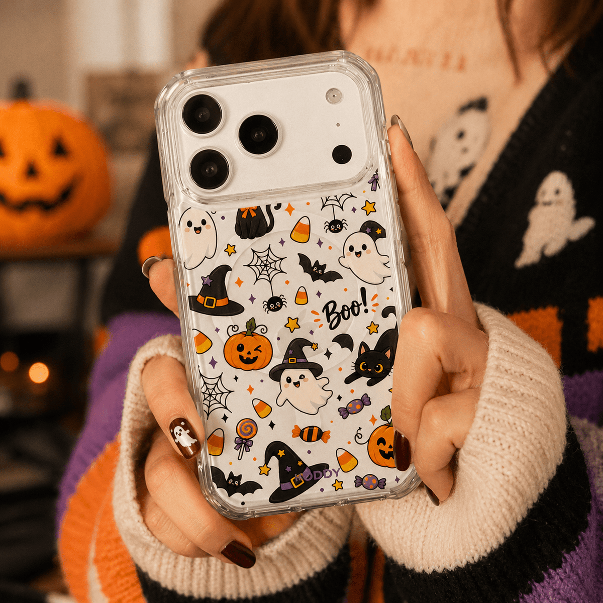 Cute Halloween Ghost and Black Cat Clear Phone Case-KODDY aesthetic iphone case UK
