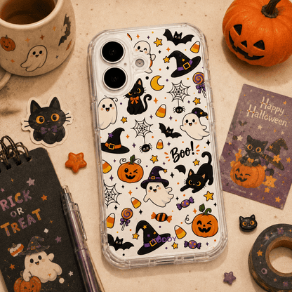 Cute Halloween Ghost and Black Cat Clear Phone Case-KODDY aesthetic iphone case UK