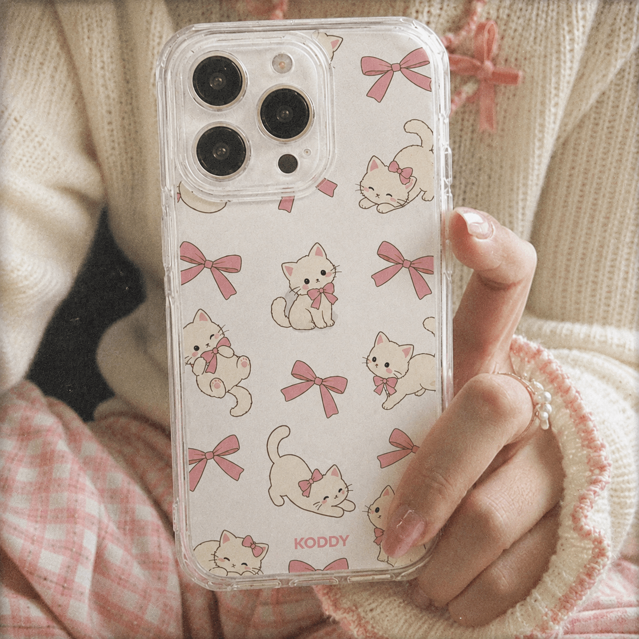 Cute Kitty Pink Ribbon Bow Clear Phone Case-KODDY aesthetic iphone case UK