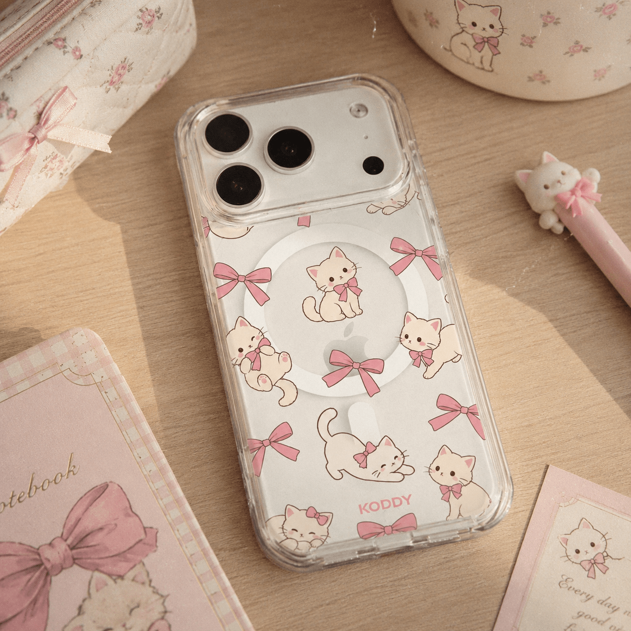 Cute Kitty Pink Ribbon Bow Clear Phone Case-KODDY aesthetic iphone case UK