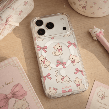 Cute Kitty Pink Ribbon Bow Clear Phone Case-KODDY aesthetic iphone case UK