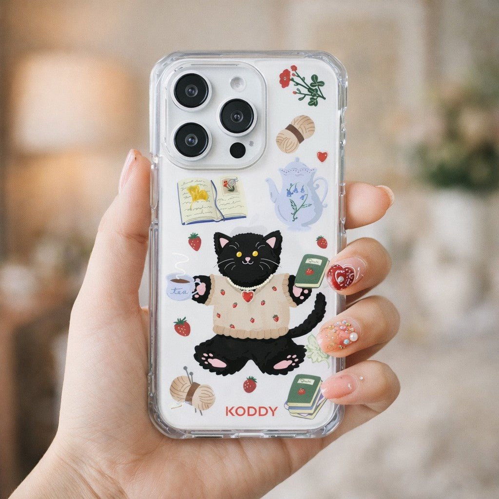 KODDY's Cute Black Cat Strawberry Tea Time Phone Case - KODDYaesthetic iphone case UK
