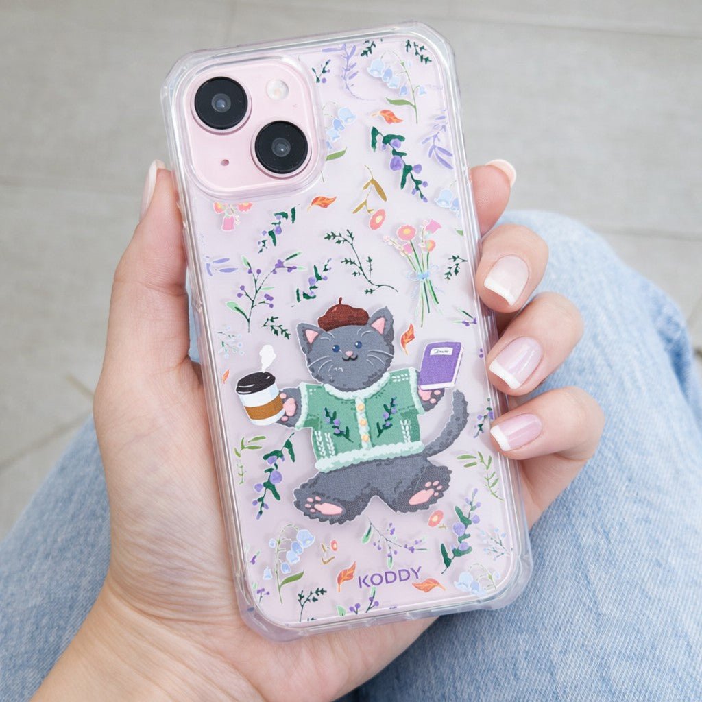 KODDY's Cute Grey Cat Lavender Coffee Phone Case - KODDY
