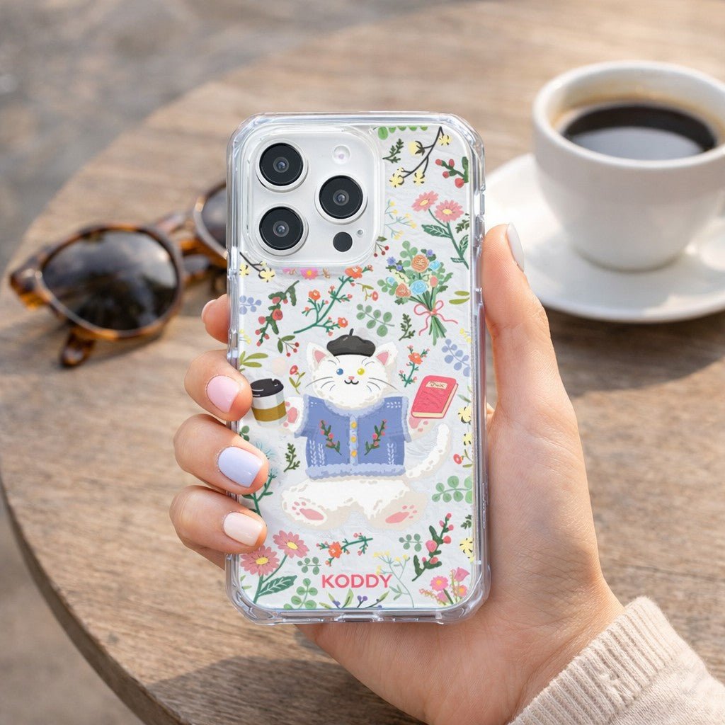 KODDY's Cute White Cat Flower Coffee Time Phone Case - KODDYaesthetic iphone case UK
