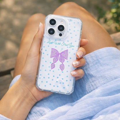 Light Will Find You iPhone Case, Pastel Ribbon Bow and Polka Dot Clear Phone Case - KODDY aesthetic iphone case UK