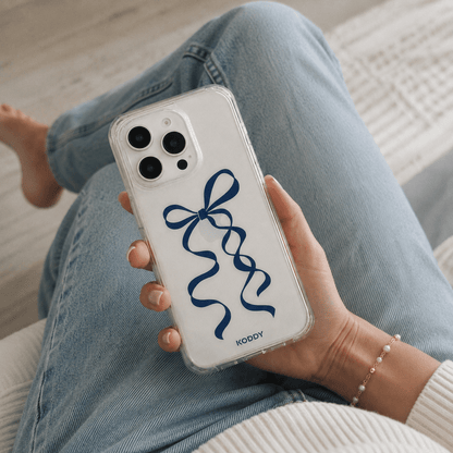 Navy Blue Long Ribbon Bow Clear Phone Case-KODDY aesthetic iphone case UK