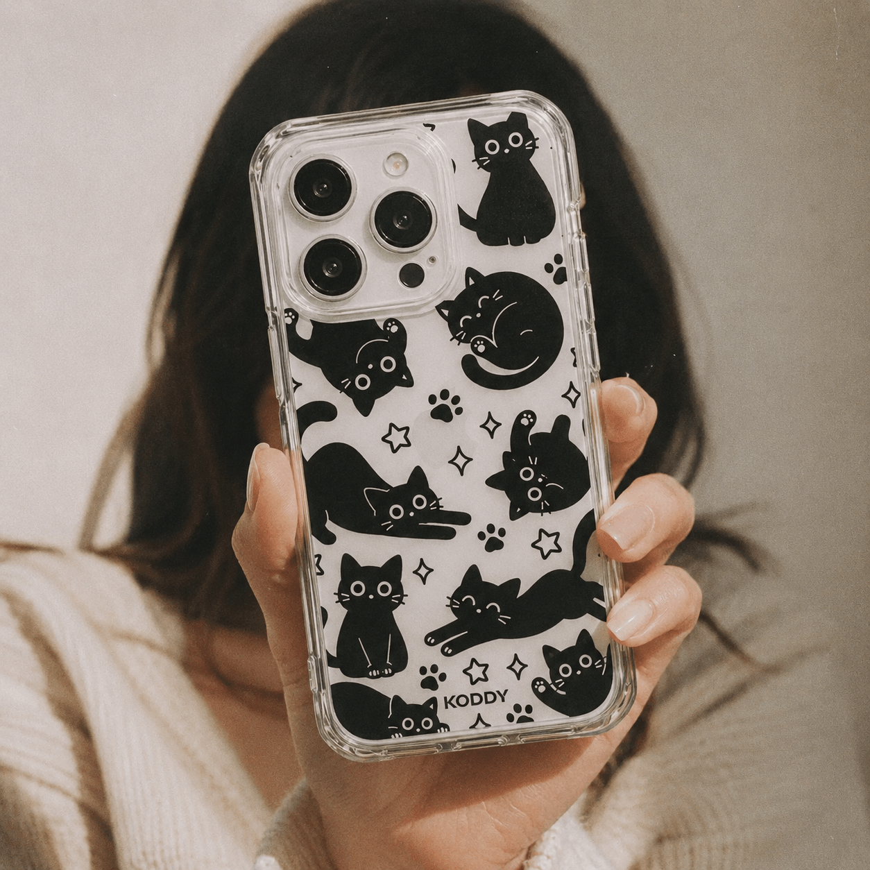 Playful Black Cat Pattern Clear Phone Case-KODDY aesthetic iphone case UK