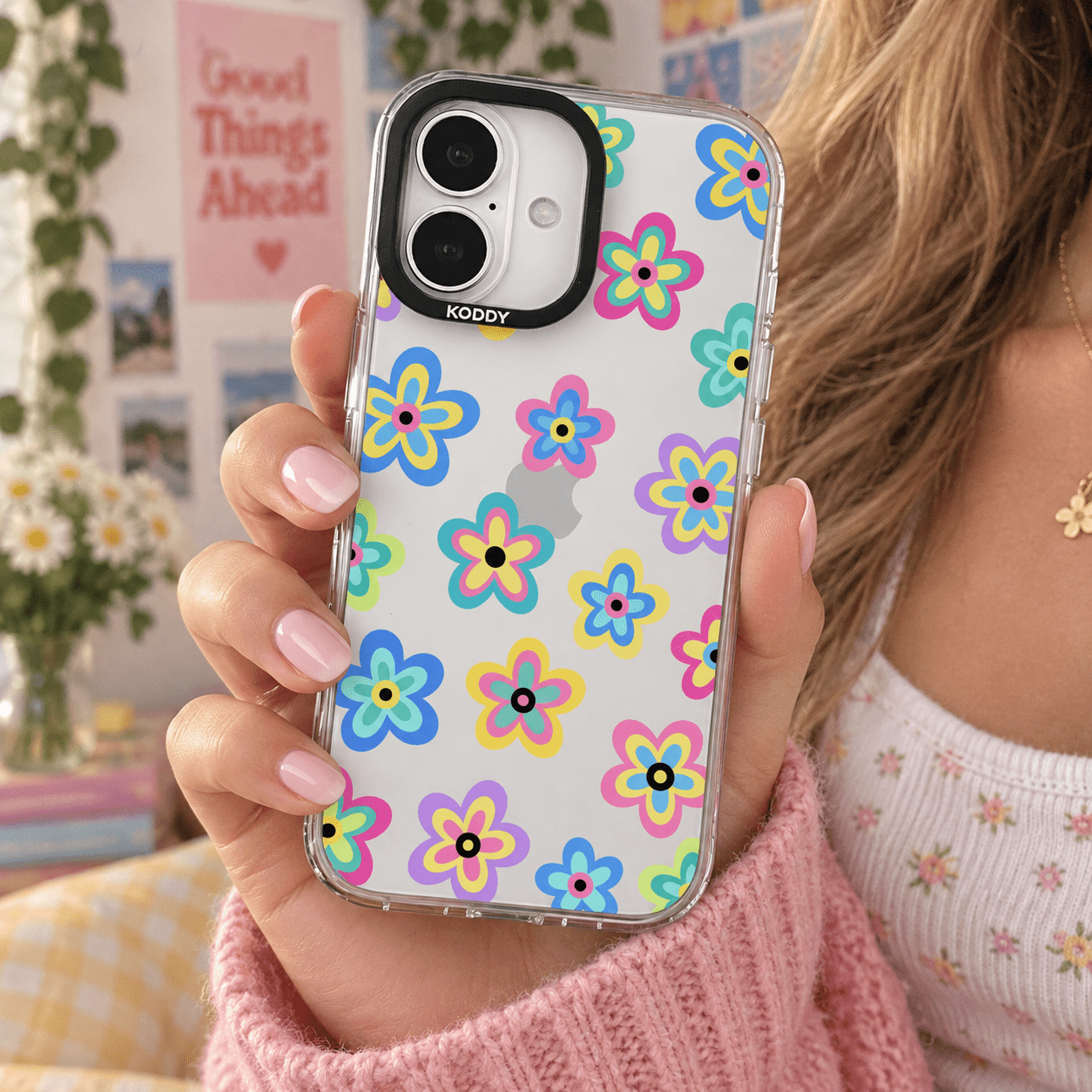Y2K Colorful Daisy Flower Doodle Clear iPhone Case-KODDY aesthetic iphone case UK